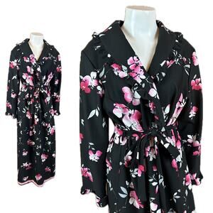 Vintage 1970s Black Pink Floral Ruffled Maxi Wrap Dress Housecoat / Large -